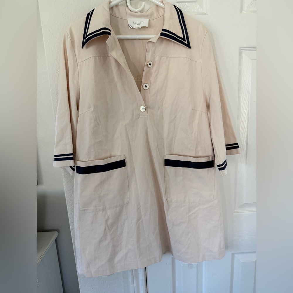 Pomander Place Cream Asymmetrical Sailor Collar Dress with Navy Trim